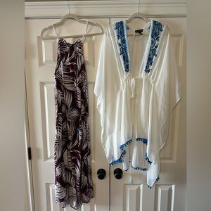 White and blue kaftan plus plum tropical cover-up